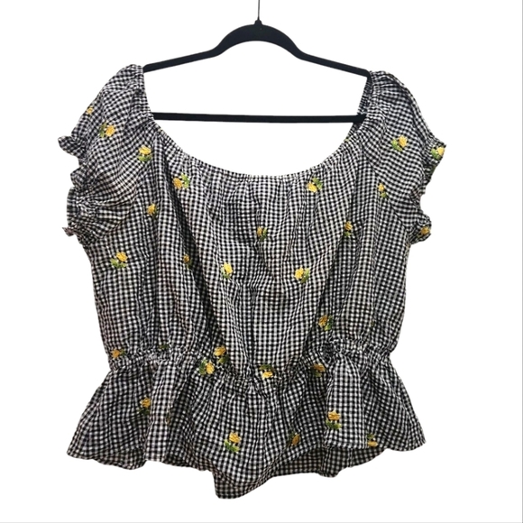 Forever 21 Y2K Black White Gingham Peplum Hem Cropped Top Yellow Floral Plus 2X - Picture 5 of 6